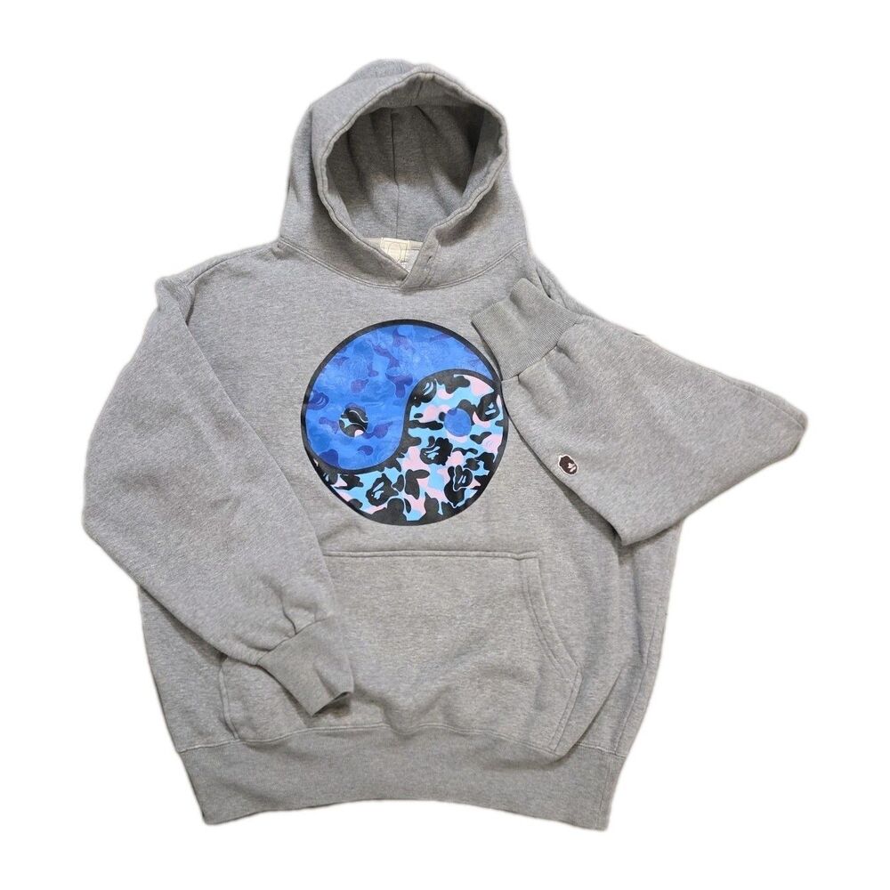 Authentic BAPE Grey Yin Yang Camo Pullover Hoodie L Ape Shall Never Kill Ape Tag